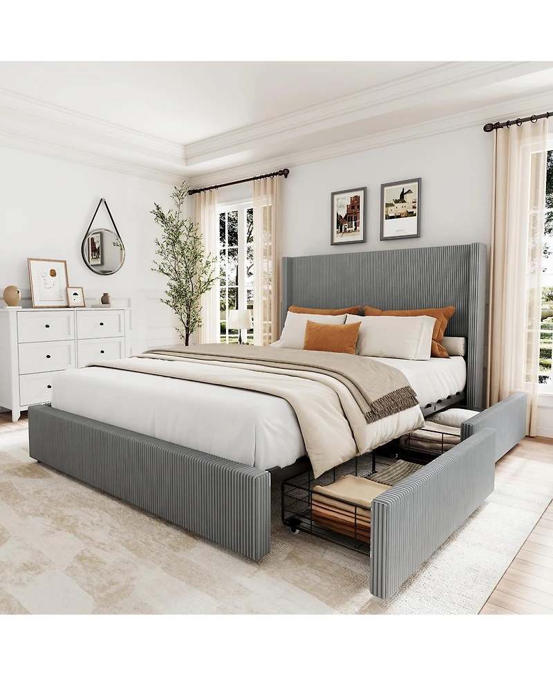 gaomon Corduroy Wingback Upholstered Platform Bed Frame with Storage Drawers