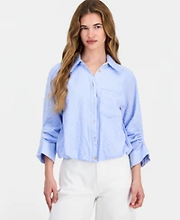 Democracy Petite Smocked Collar Bubble-Hem Striped Collared Shirt