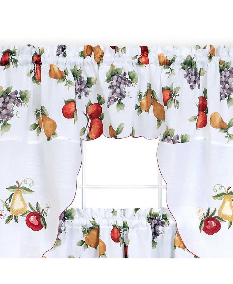 Kate Aurora Embroidered Fruit Medley 3 Piece Cafe Rod Pocket Kitchen Curtain And Valance Set