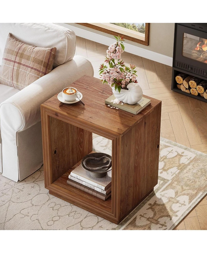 Tribesigns Solid Wood Side Table, Wooden End Table with 2-Tier Storage Shelf, Farmhouse Small Nightstand