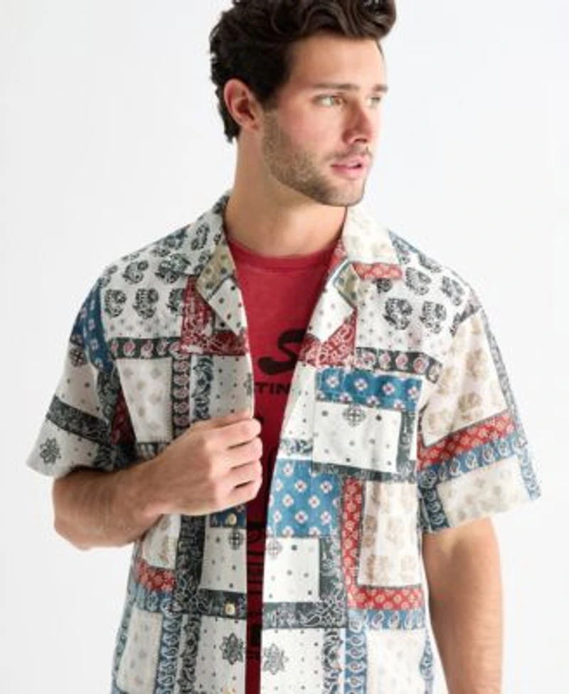 Lucky Brand Mens Short Sleeve Printed Camp Collar Shirt Baja Soul Graphic Tee Paired With Raven Pull On Linen Shorts
