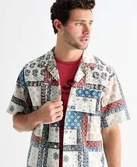 Lucky Brand Mens Short Sleeve Printed Camp Collar Shirt Baja Soul Graphic Tee Paired With Raven Pull On Linen Shorts
