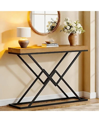 Tribesigns Solid Wood Console Table, 47.2" Industrial Entryway Table with Geometric Metal Frame