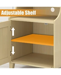 Rainsken Wood Nightstand with Charging Station, Bedside Table with Rattan Door and Adjustable Shelf, Farmhouse Side Table for Bedroom