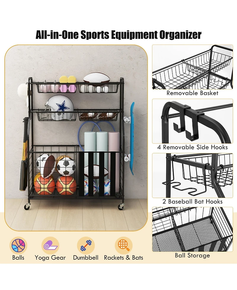 Gymax Garage Sports Equipment Organizer w/ Wheels Hooks & Baskets for Basketball