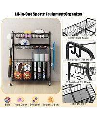 Gymax Garage Sports Equipment Organizer w/ Wheels Hooks & Baskets for Basketball