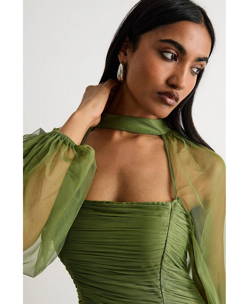 Warehouse Women's Bow Detail Gathered Tulle Maxi Dress