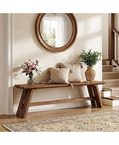 Tribesigns 63 Inch Extra Long Solid Wood Entryway Bench, 2-Tier Farmhouse Shoe Storage Bench with Unique Herringbone Pattern