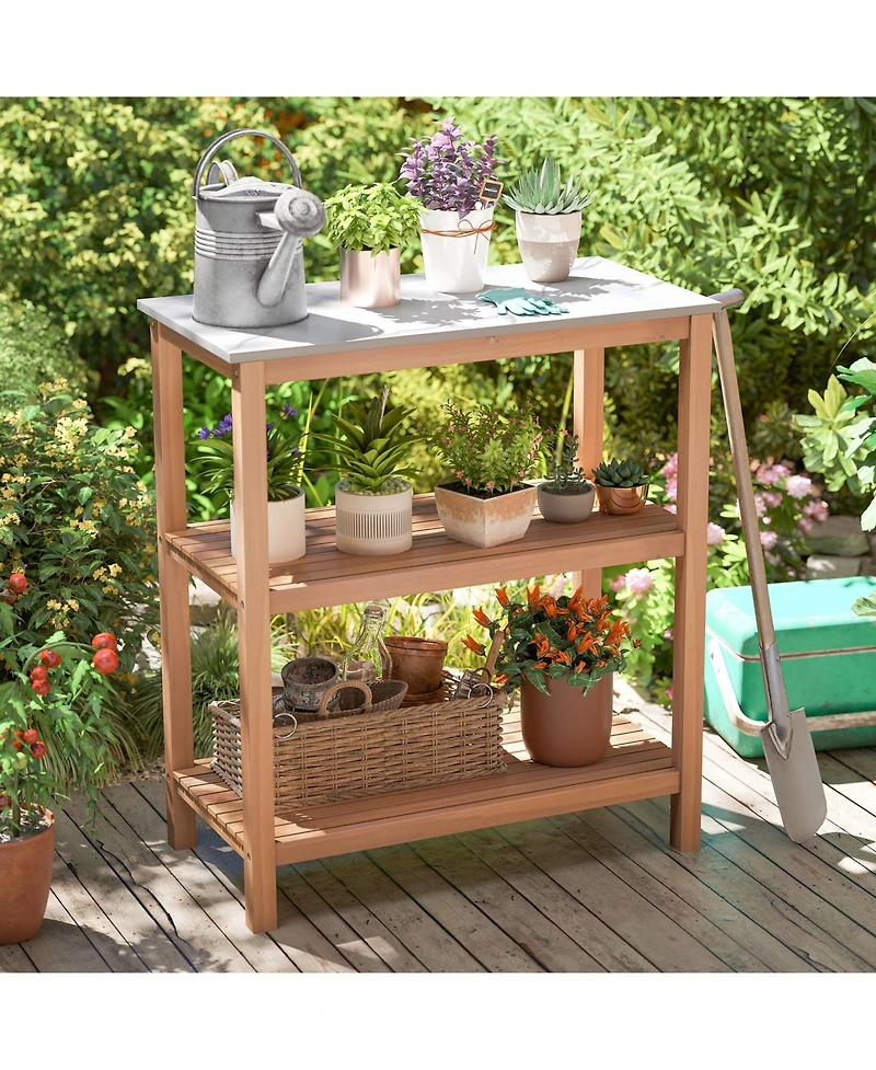 Gymax 3-Tier Patio Garden Potting Bench Table with Acacia Wood 2 Slatted Shelves