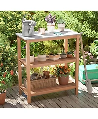 Gymax 3-Tier Patio Garden Potting Bench Table with Acacia Wood 2 Slatted Shelves