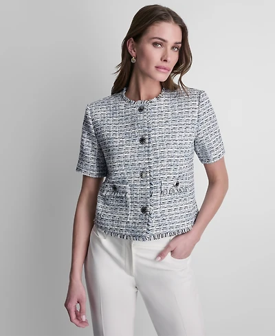 Dkny Petite Tweed Cropped Button Front Jacket