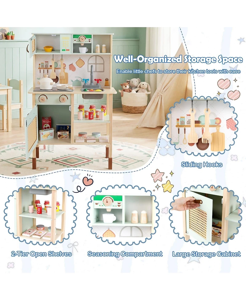 Mecale Wooden Play Kitchen for Kids with Retro Style, Lights, Sounds & Accessories