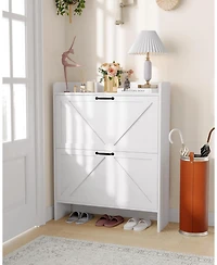 gaomon Shoe Storage Cabinet with 2 Flip Drawers, Freestanding Shoe Organizer with Wooden Legs for Entryway, Farmhouse Slim Shoe Storage Cabinet, Black