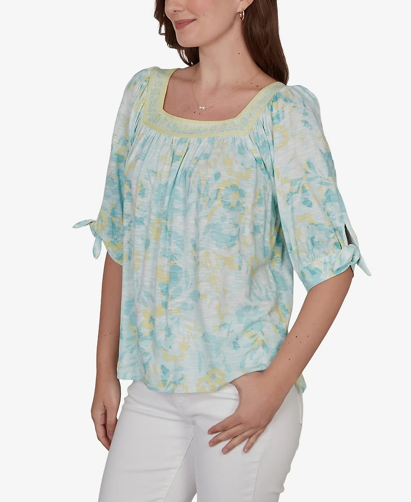 Ruby Rd. Petite Watercolor Floral Square Neck Top