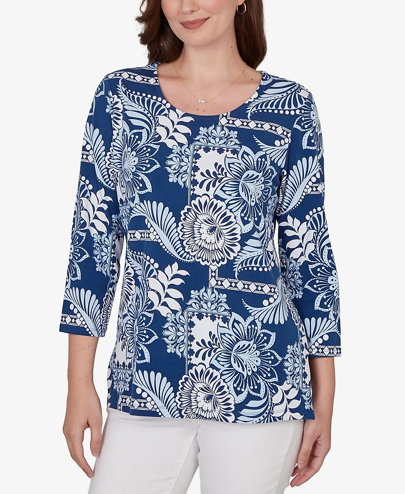 Ruby Rd. Petite Tropical Patchwork Scoop Neck Knit Top