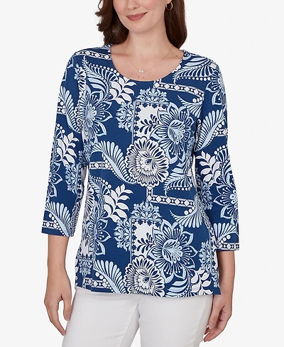 Ruby Rd. Petite Tropical Patchwork Scoop Neck Knit Top