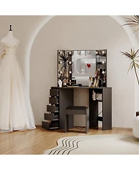 gaomon Corner Vanity and Stool - Corner Vanity Desk with Mirror and Lights