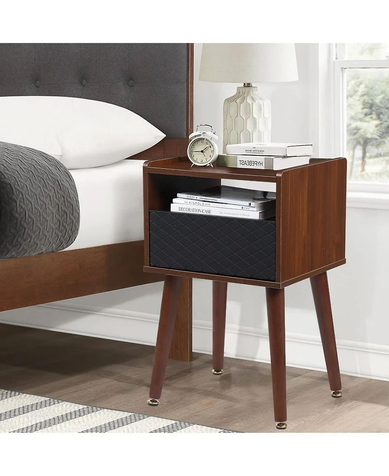 gaomon Mid Century Modern Wood Nightstand Side Table with Charging Station and Drawer