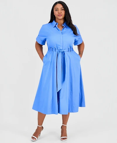 Anne Klein Plus Short-Sleeve Stretch Sateen Shirtdress
