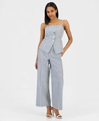 Tahari Asl Womens Striped Button Front Sleeveless Top Seersucker Stripe Wide Leg Pants