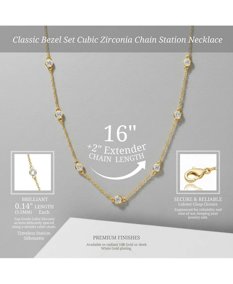 Rachel Glauber Classic Bezel Set Cubic Zirconia Chain Station Necklace