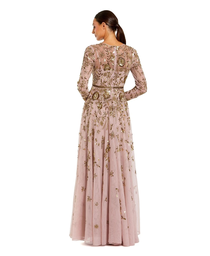 Mac Duggal Women's Long Sleeve Mesh Floral Embellished Gown