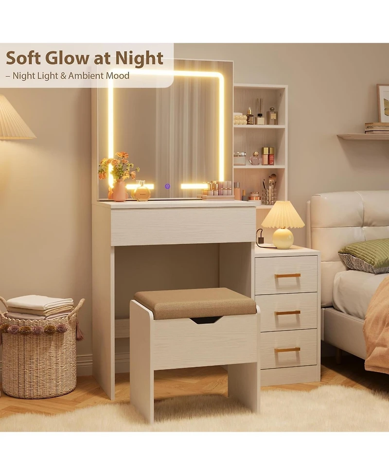 gaomon Makeup Vanity Desk with Sliding Mirror, Dressing Table Adjustable Lights, Girls Set Stool, 4 Compact Drawers