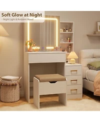 gaomon Makeup Vanity Desk with Sliding Mirror, Dressing Table Adjustable Lights, Girls Set Stool, 4 Compact Drawers