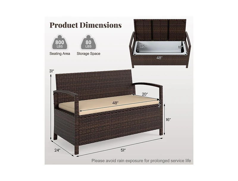 Slickblue 2-Seat Pe Wicker Patio Storage Bench with Cushion and Deck Box