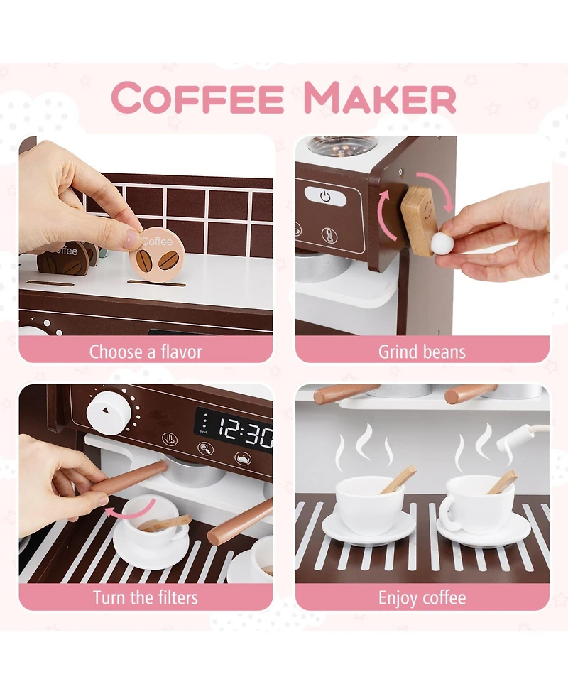Mecale Kids Wooden Kitchen Set with Coffee Maker and Accessories, Play