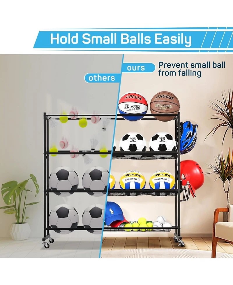 Mythinglogic Basketball Rack, Ball Storage with Baseball Bat Holder, Rolling Ball rack with Removable Nylon Mesh for Various Ball Sizes