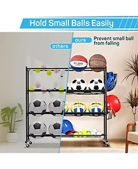 Mythinglogic Basketball Rack, Ball Storage with Baseball Bat Holder, Rolling Ball rack with Removable Nylon Mesh for Various Ball Sizes