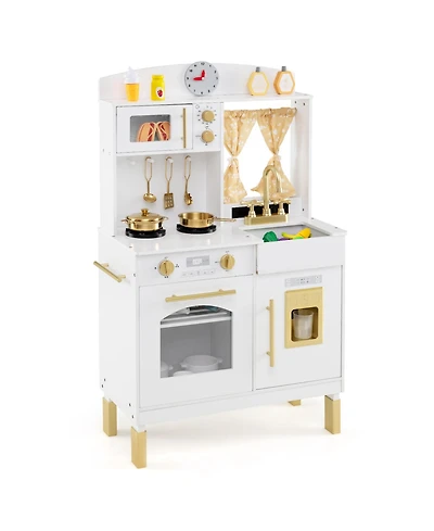 Mecale Play Kitchen for Kids, Wooden Chef Pretend Playset with 3 Adjustable Heights & Microwave
