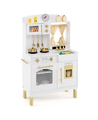 Mecale Play Kitchen for Kids, Wooden Chef Pretend Playset with 3 Adjustable Heights & Microwave