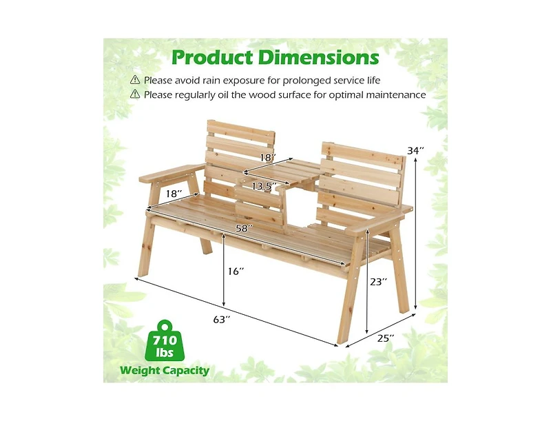 Slickblue Outdoor Fir Wood Bench with Foldable Middle Table-Gray