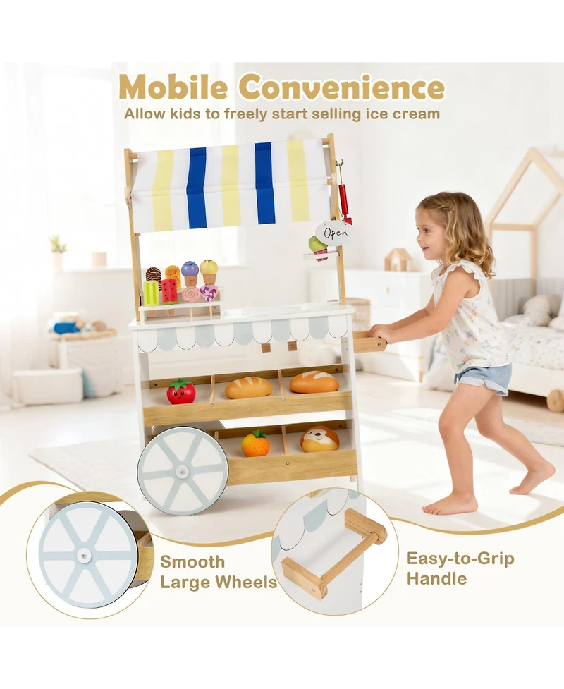 Mecale Wooden Ice Cream Cart for Kids, 2-in-1 Grocery Store Playset with Display Shelves