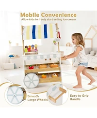 Mecale Wooden Ice Cream Cart for Kids, 2-in-1 Grocery Store Playset with Display Shelves