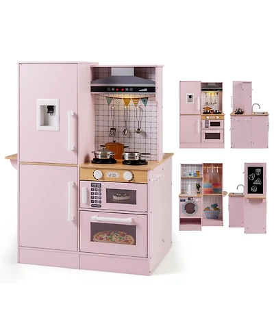 Mecale Dual-Sided Kids Play Kitchen with Water Dispenser & Range Hood for Ages 3