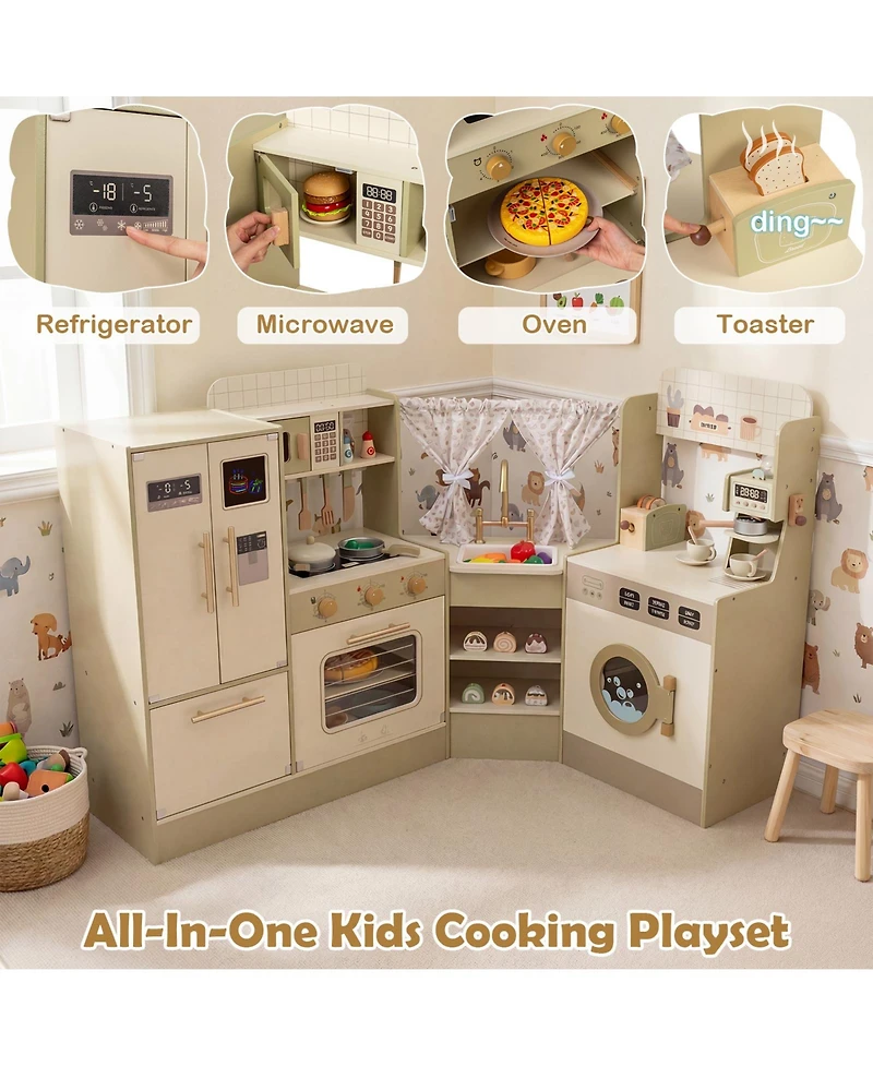 Mecale Kids Corner Play Kitchen with Faucet, Dishwasher & Stove for Imaginative Role Play