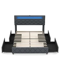 Full Size Bed Frame with Led Lights & Charging Station & Modern Upholstered Bed