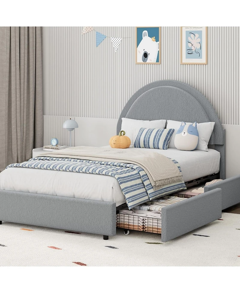 gaomon Size Boucle Bed Frame with 2 Storage Drawers,Soft Upholstered Platform Bed Frame with Round Headboard,Heavy Duty,Wooden Slats,Noise