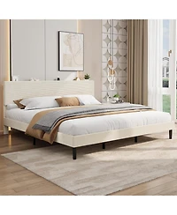 gaomon Bed Frame with Charging Station, Corduroy Upholstered Platform Headboard and Storage Shelf, Solid Wood Slats