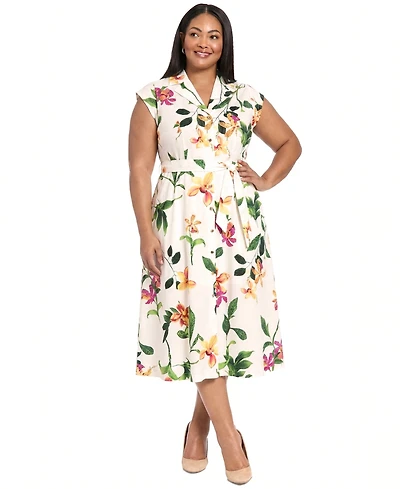 London Times Plus Size Printed Midi Shirt Dress