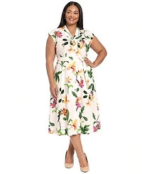 London Times Plus Size Printed Midi Shirt Dress
