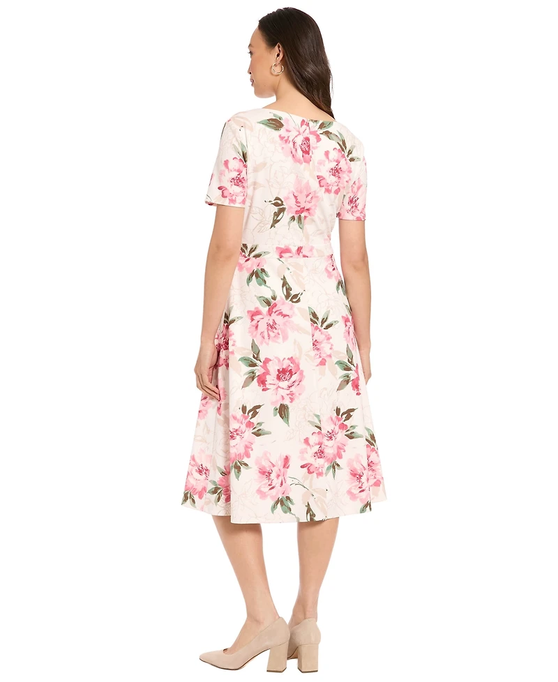 London Times Women's Printed Boat Neck Dress