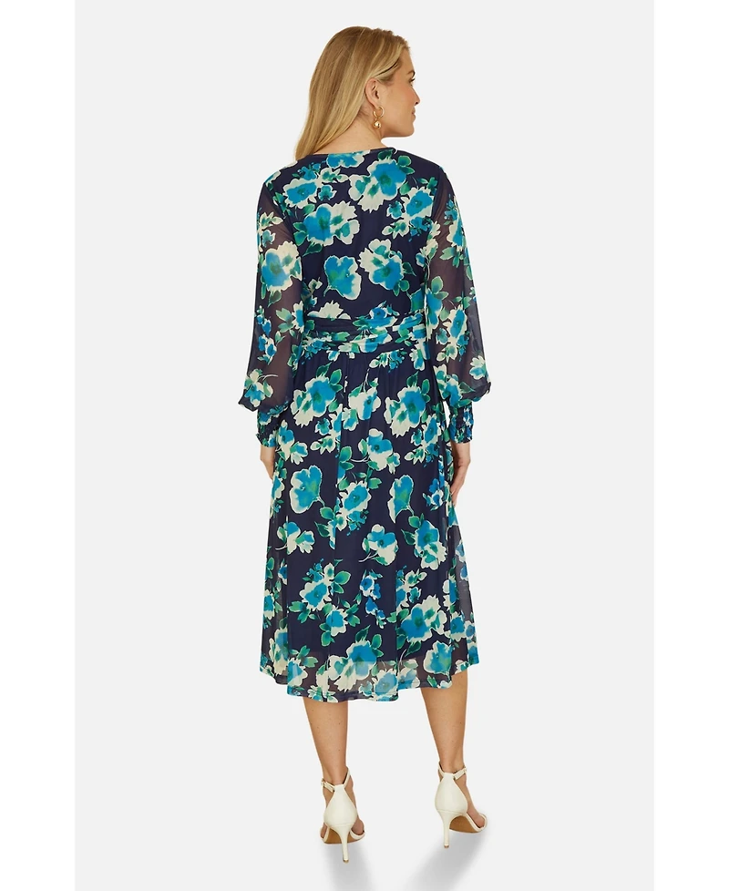 Yumi Women's Floral V-Neck Long Sleeves Wrap Dress