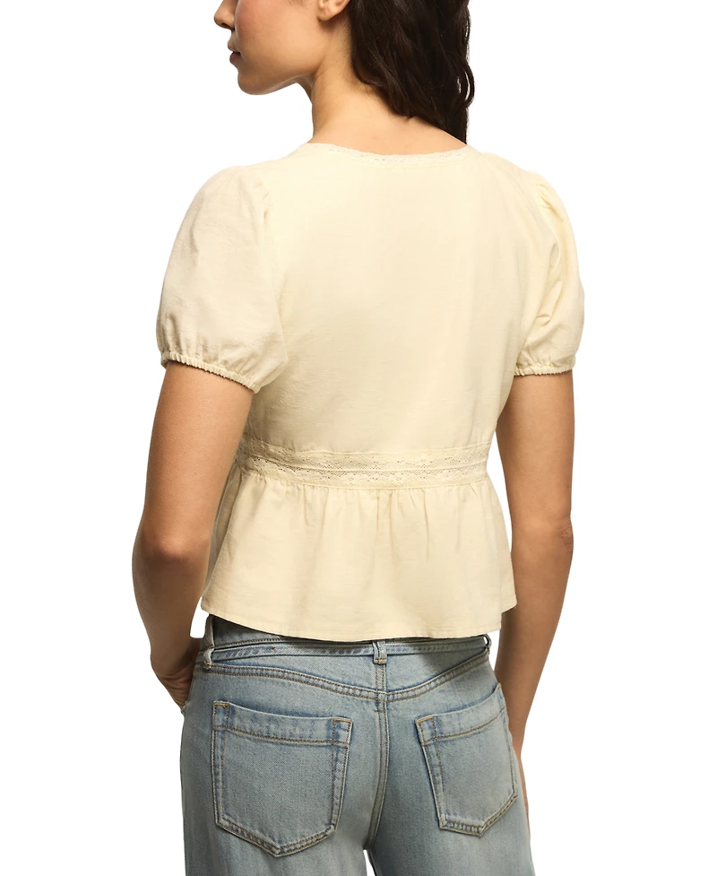 Lucky Brand Women's Drawstring Sleeves Lace Peplum V-Neck Top