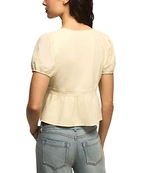 Lucky Brand Women's Drawstring Sleeves Lace Peplum V-Neck Top