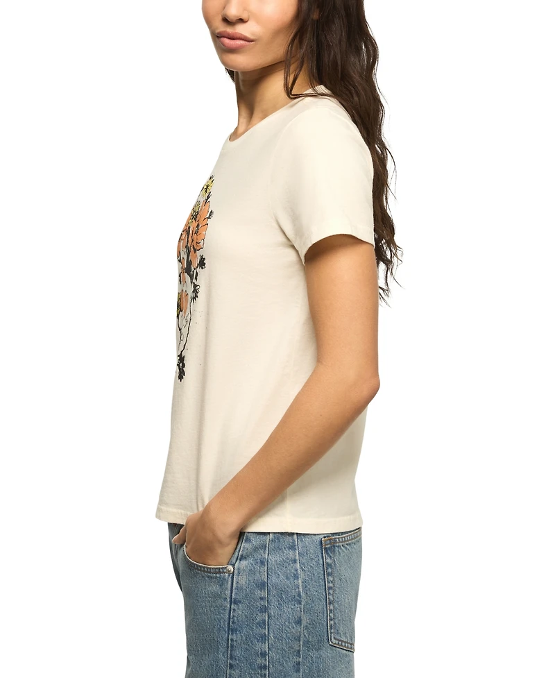 Lucky Brand Women's Floral Skull Printed Classic Fit Crew Neck T-Shirt