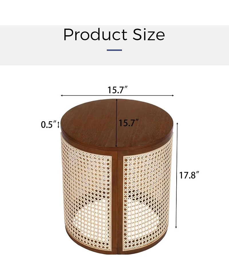 Rainsken Round Solid Wood Nightstand, Hollow Woven Bedside Table, Compact Accent End Table for Living Room, Bedroom